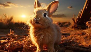 mullido bebé Conejo sentado en césped, disfrutando el puesta de sol generado por ai foto