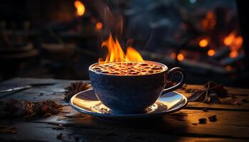 Hot coffee on wooden table, steam rising, cozy and comforting generated by AI photo