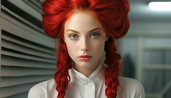 Beautiful redhead woman with curly hair looking at camera sensually generated by AI photo