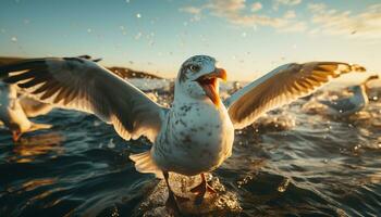 Seagull flying mid air, wings spread, nature beauty in blue generated by AI photo