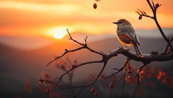 silueta de pájaro encaramado en rama, retroiluminado por puesta de sol generado por ai foto