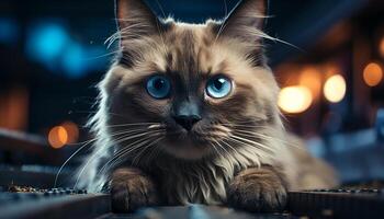 Cute kitten staring, fluffy fur, playful nature, beauty in nature generated by AI photo