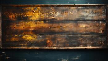 Old, weathered wood plank on rustic table, dark background generated by AI photo