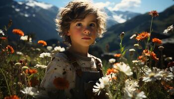 Smiling child in nature, surrounded by flowers, enjoying summer generated by AI photo