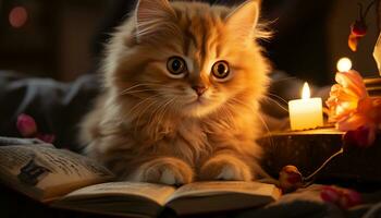 linda gatito leyendo libro, acogedor por luz de una vela, pacífico y relajado generado por ai foto