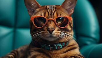 Cute kitten wearing sunglasses, staring with charming blue eyes generated by AI photo