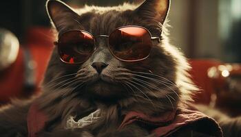 Cute cat wearing sunglasses looking at camera, playful outdoors generated by AI photo