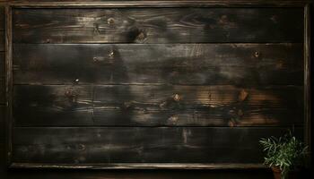 Old rustic wooden plank table with dark backdrop and rough pattern generated by AI photo