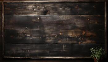 Old rustic wooden plank table with dark backdrop and rough pattern generated by AI photo