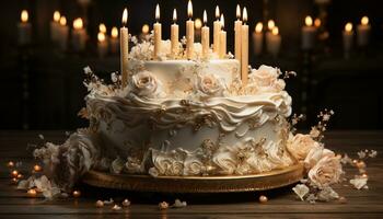 A glowing candle illuminates the elegant wedding cake design generated by AI photo