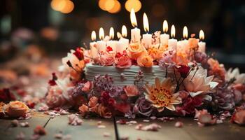 romántico Boda mesa con luz de una vela, flores, y delicioso postres generado por ai foto