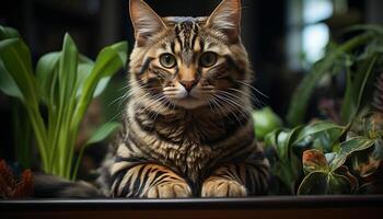 Cute kitten sitting outdoors, staring at camera with playful curiosity generated by AI photo