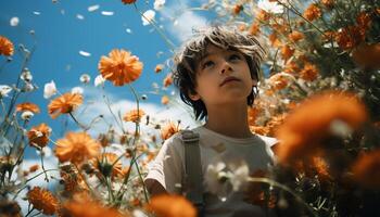 Smiling child enjoys nature, playing outdoors in beautiful meadow generated by AI photo