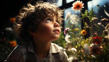 Smiling child enjoys nature, playing in meadow with daisies generated by AI photo