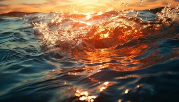 Sunset wave splashing on water surface, reflecting nature beauty generated by AI photo