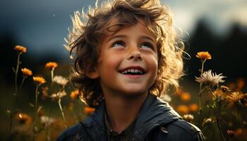 sonriente niño disfruta naturaleza, juguetón Niños en prado, alegre verano generado por ai foto