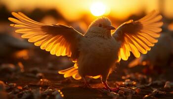 A vibrant sunset illuminates the freedom of one pigeon flight generated by AI photo