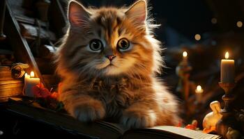 A cute kitten sitting by a candle, reading a book generated by AI photo