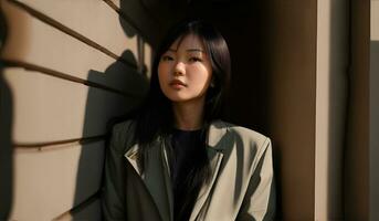 retrato de un hermosa joven asiático mujer con sombra en pared. ai generativo foto