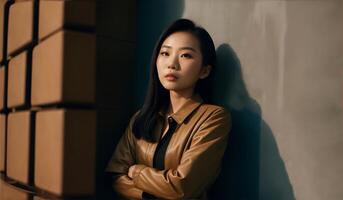 Portrait of a beautiful young asian woman with shadow on wall. AI Generative photo