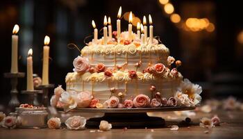 Birthday cake with chocolate icing and candy decorations on table generated by AI photo