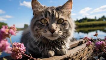 linda gatito sentado en césped, curioso a cámara, juguetón al aire libre generado por ai foto