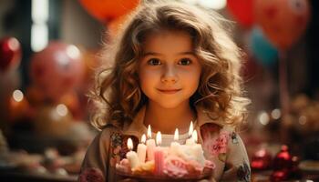 linda niña sonriente, participación vela, celebrando cumpleaños con alegría generado por ai foto