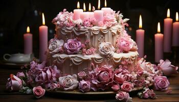 Wedding cake, chocolate, strawberry, candle, flower, celebration, gourmet dessert generated by AI photo