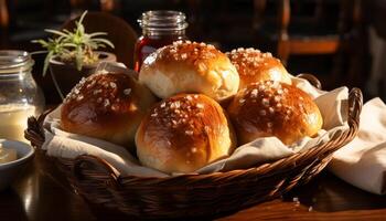 Freshly baked bread and gourmet meat on wooden table generated by AI photo