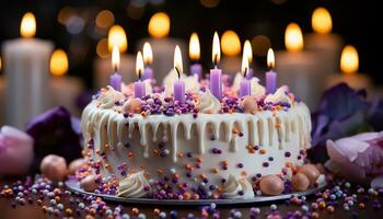 Baked birthday cake with multi colored icing and burning candles generated by AI photo