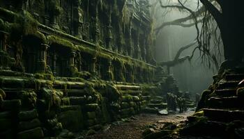 escalofriante antiguo ruina, oscuro bosque, misterioso roca, antiguo arquitectura generado por ai foto