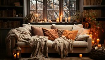 Cozy modern living room with illuminated candle, comfortable sofa generated by AI photo