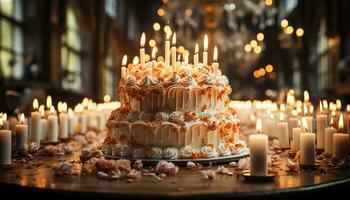 Burning candle illuminates birthday cake, bringing joy and celebration generated by AI photo