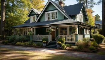 Modern cottage with green roof surrounded by autumn forest landscape generated by AI photo