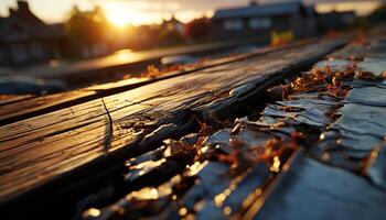 Bright sunset, rusty old car, abandoned building, wet wood generated by AI photo