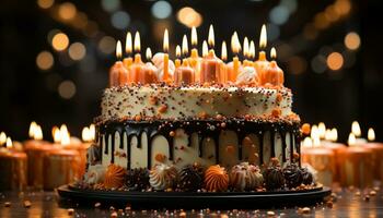 Birthday cake with candles, chocolate icing, and glowing candlelight generated by AI photo