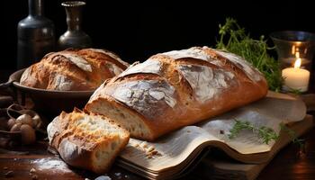 Freshly baked bread on wooden table, a rustic and healthy meal generated by AI photo