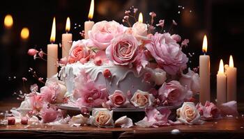 Romantic wedding celebration with pink flower bouquet and gourmet dessert generated by AI photo