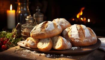 Freshly baked bread on wooden table, a gourmet homemade meal generated by AI photo