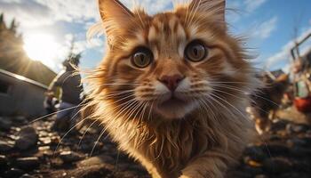 Cute kitten sitting in grass, staring at camera, playful generated by AI photo