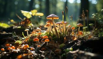 Freshness and growth in autumn forest, edible mushroom, green leaf generated by AI photo