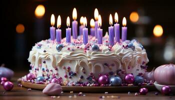 Birthday cake with chocolate icing and colorful candy decorations generated by AI photo