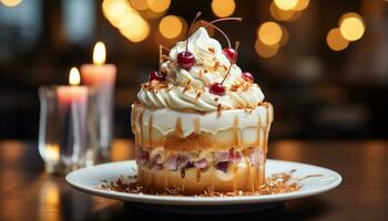 Homemade birthday cake with chocolate icing, whipped cream, and strawberries generated by AI photo