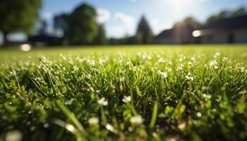 Fresh green grass in the meadow, nature vibrant summer palette generated by AI photo