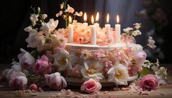 romántico Boda mesa con flor ramo, luz de una vela, y chocolate postre generado por ai foto