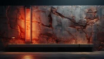 Modern kitchen with rustic wood flooring and illuminated stone backdrop generated by AI photo