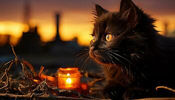 Cute kitten sitting outdoors, illuminated by candlelight, in spooky Halloween night generated by AI photo