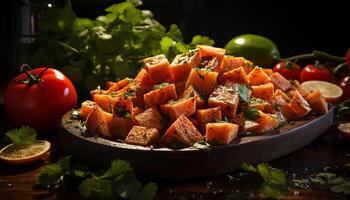 Freshness on table healthy gourmet meal, organic vegetarian salad generated by AI photo