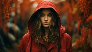 joven mujer en otoño lluvia, mirando hermosa en mojado capucha generado por ai foto