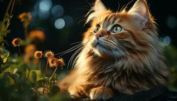 Cute kitten sitting in grass, staring at camera with curiosity generated by AI photo